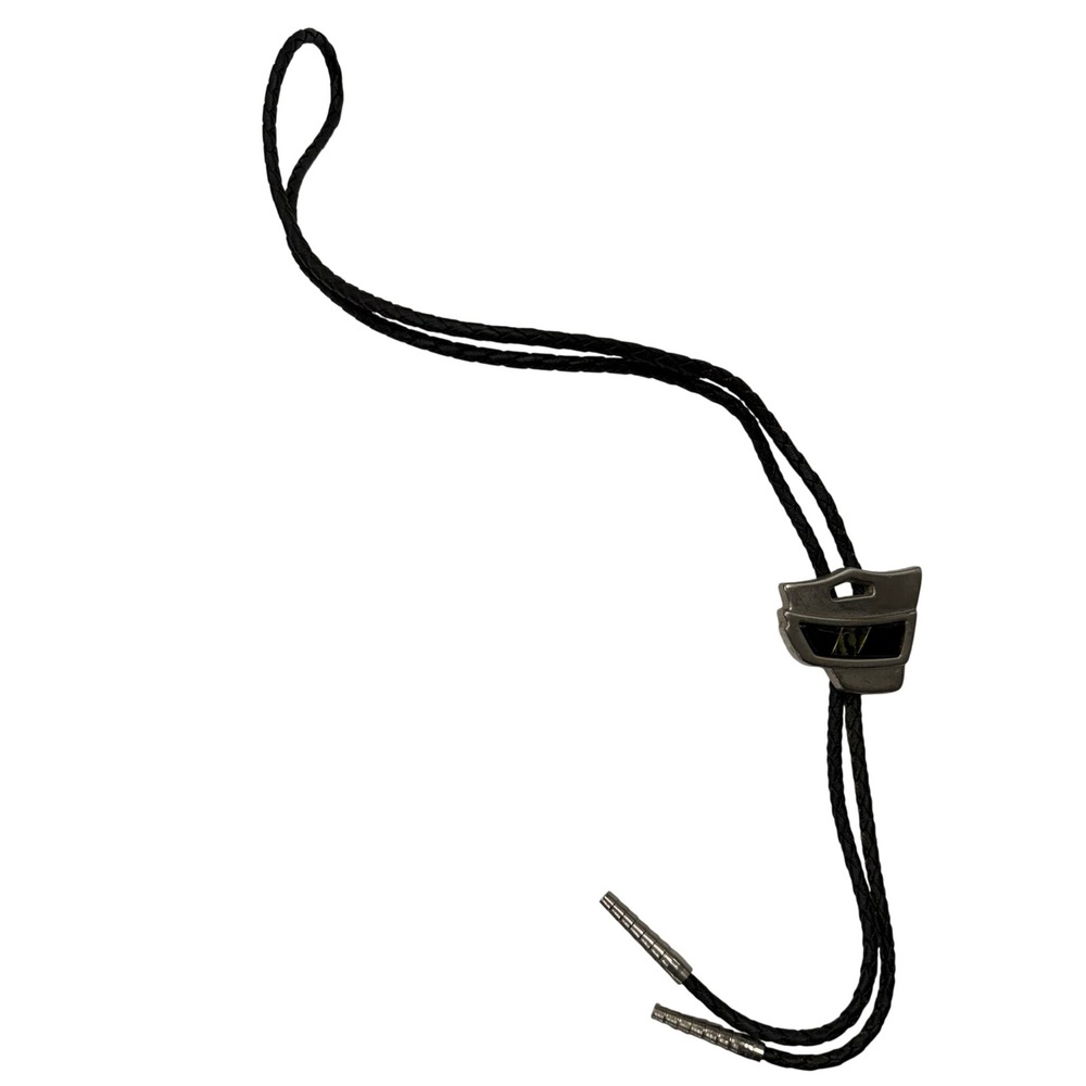 Vintage Silver Tone Abstract Geometric Bolo Tie Black Braided Cord Inlaid Stone